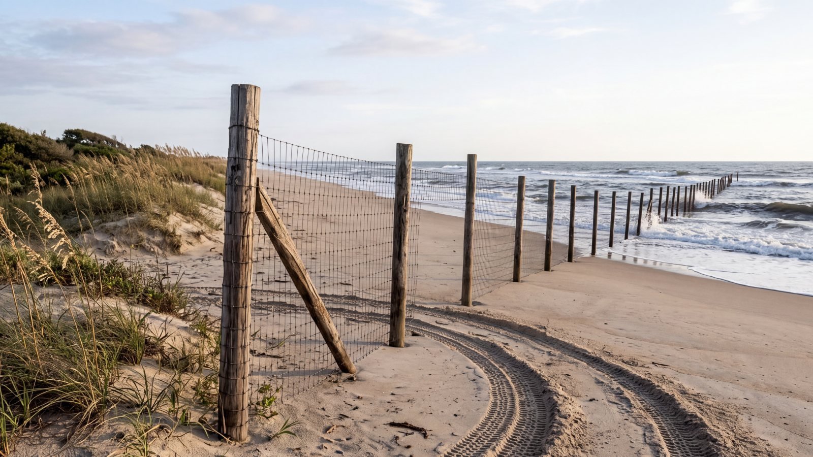 A wire fence on wooden posts running down across the beach into the surf, with tire tracks through an opening