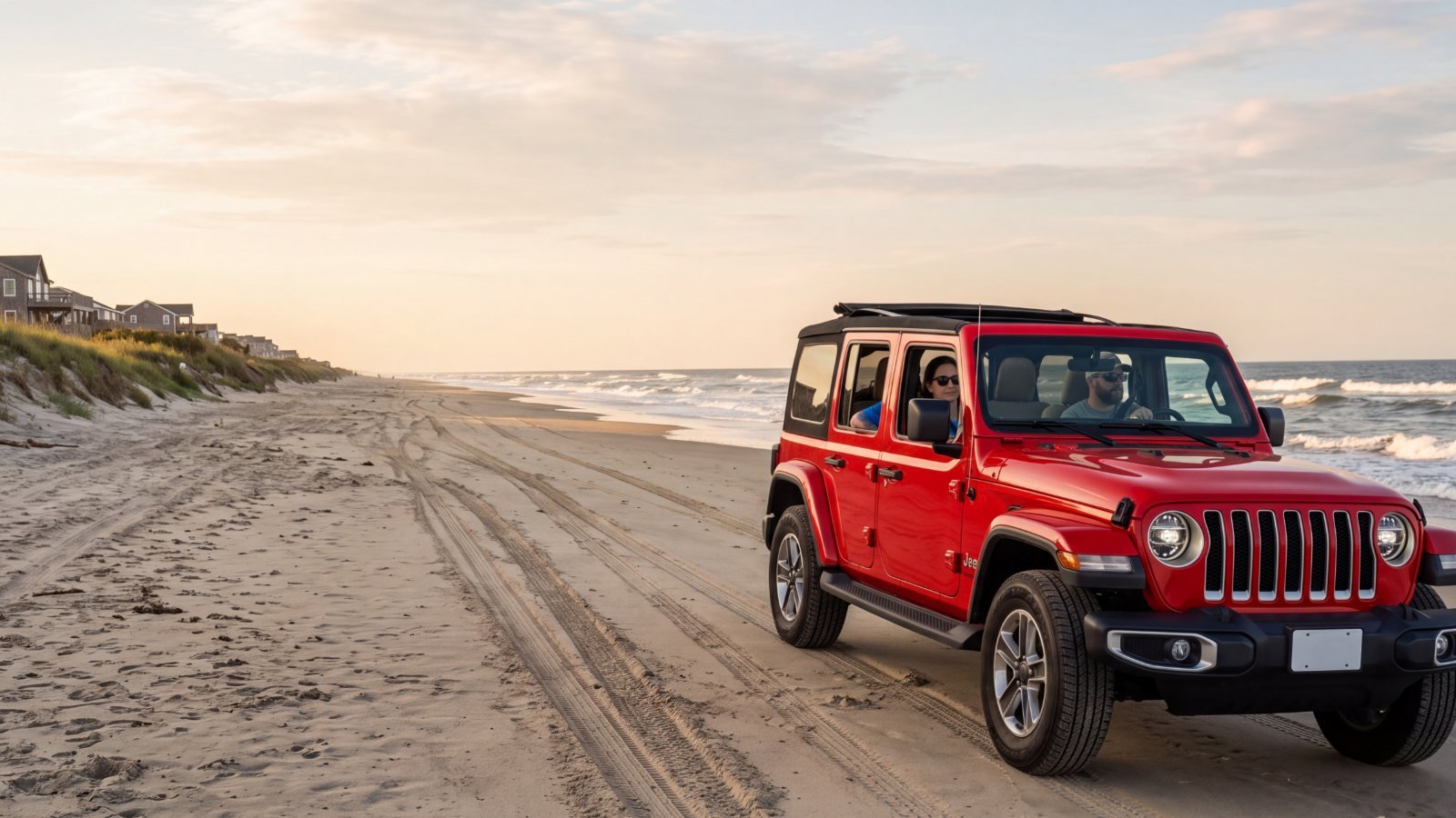 A red four-door Jeep Wrangler with the top folded back driving a wide 4x4 beach past dunes and beach houses