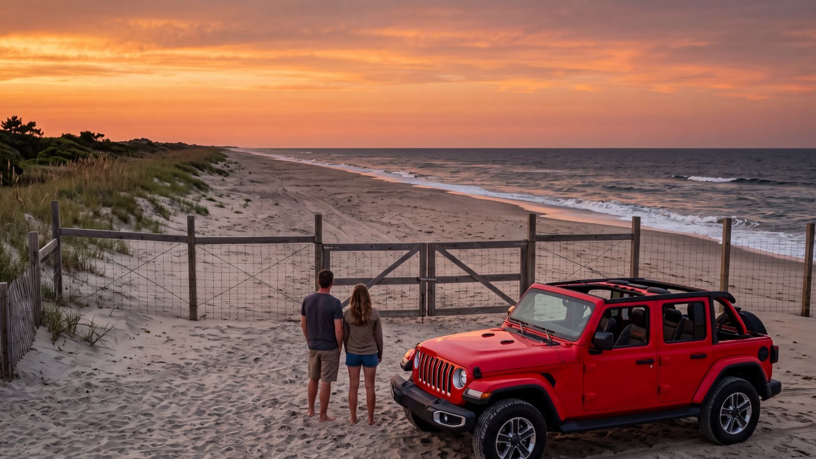 A red Jeep Wrangler and two people at a wire fence and gate across the beach, with empty beach beyond