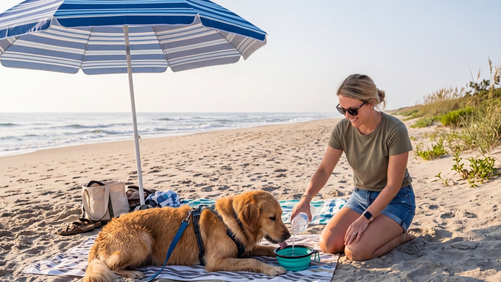 A golden retriever drinking from a travel bowl as its owner pours water on the beach under an umbrella