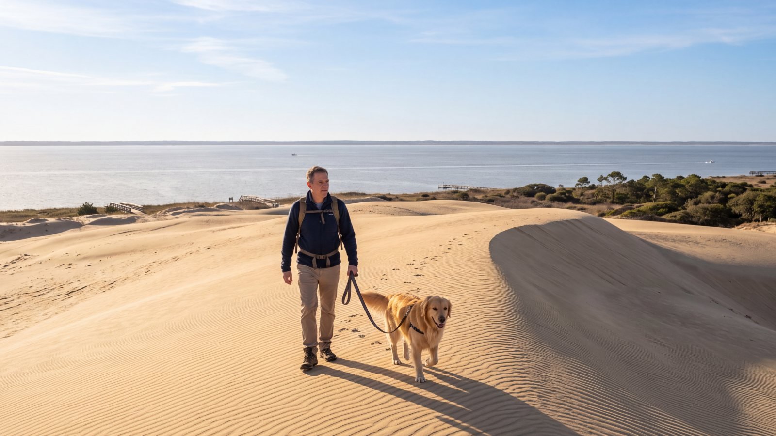 A man walking a golden retriever on a leash across a huge bare sand dune in early morning, with the sound below