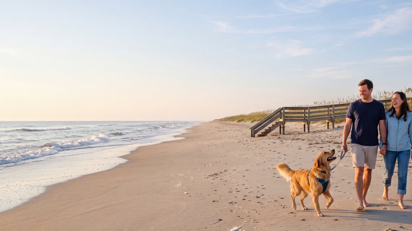 A couple walking a golden retriever on a leash along a wide beach below dunes and a beach access walkway