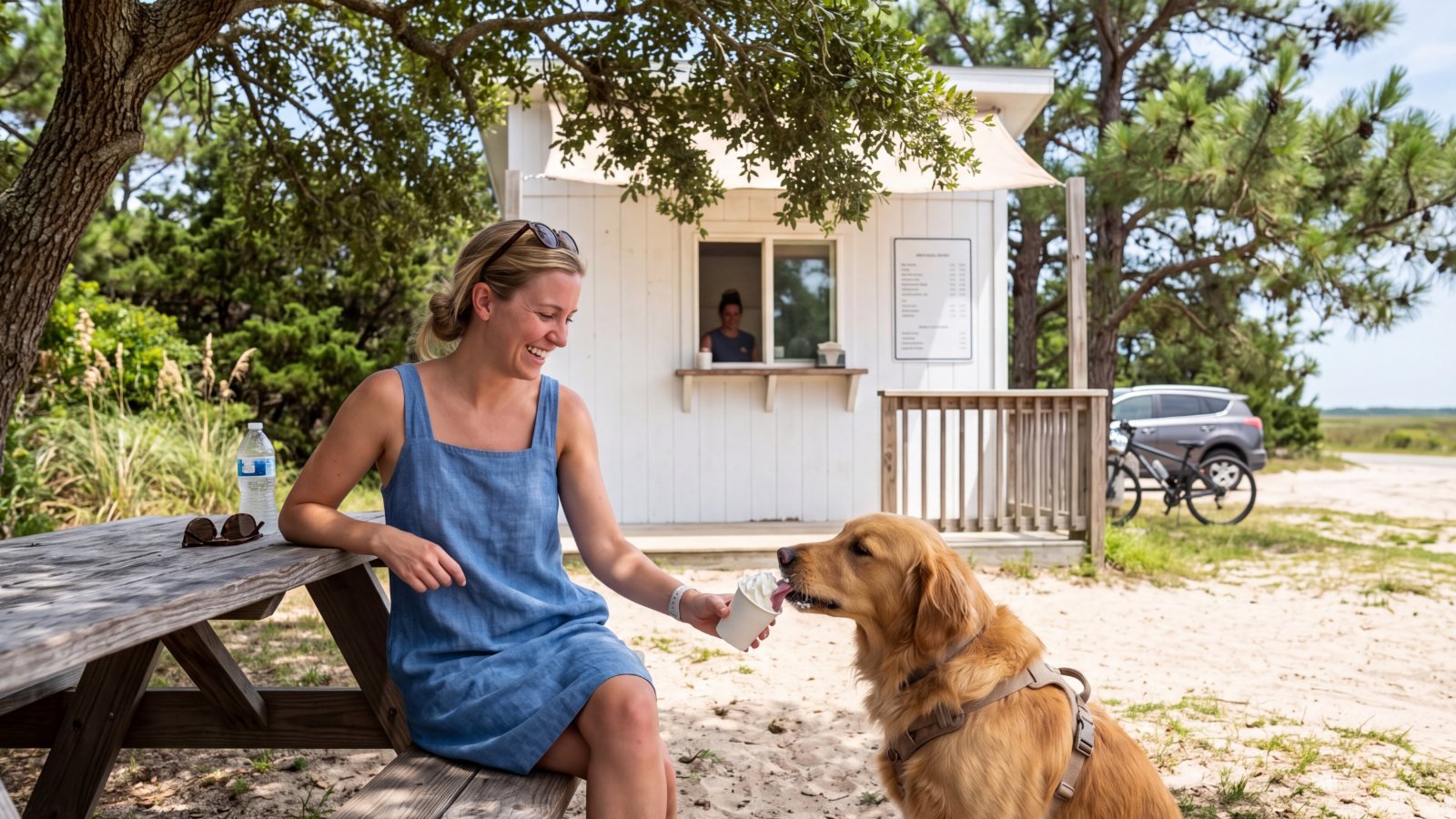 A woman at a picnic table giving a golden retriever a cup of whipped cream outside a walk-up ice cream stand