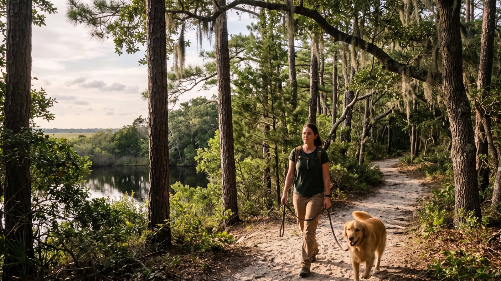 A woman walking a golden retriever on a leash along a sandy maritime forest trail past a pond