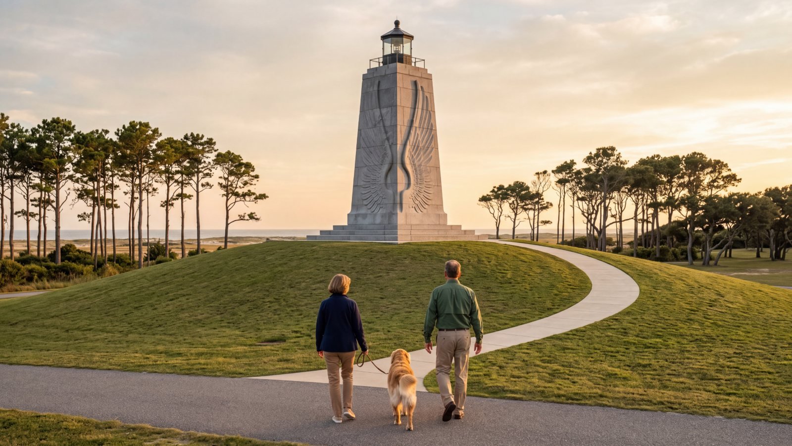 Two people walking a golden retriever toward the granite Wright Brothers monument on top of a grassy hill