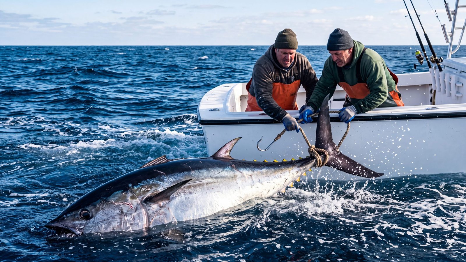 A giant bluefin tuna, steel-blue back and silver flanks, alongside a white sportfishing boat as two men in bibs work a tail rope over the gunwale