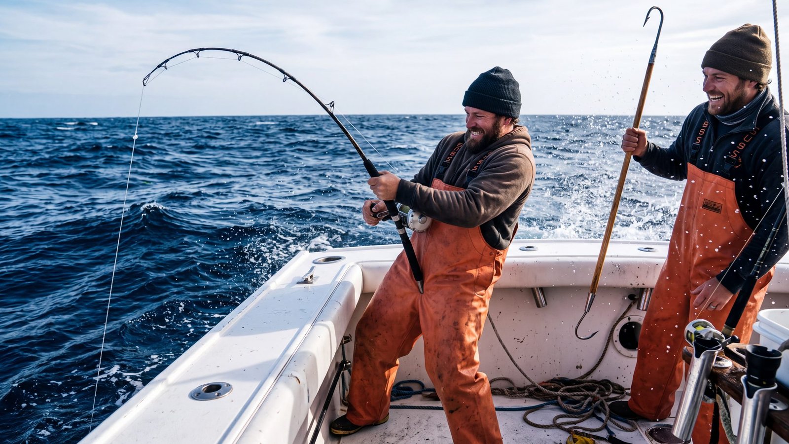 A man in orange bibs and a beanie stands braced in the cockpit of a sportfishing boat, bent over a heavy rod, a mate beside him with a gaff, cobalt offshore water