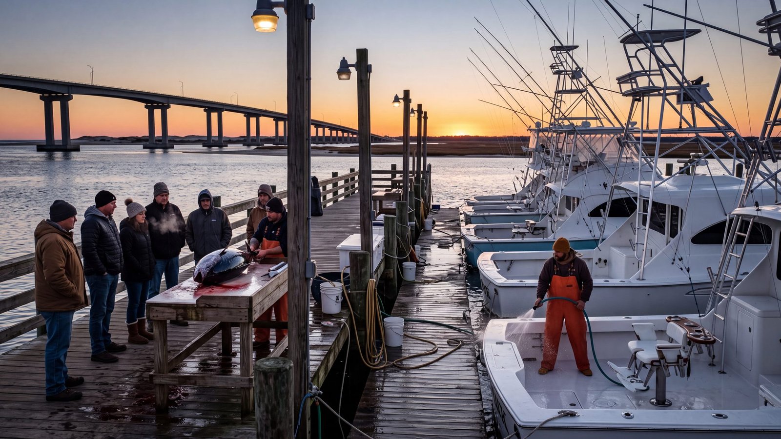 Charter sportfishing boats with tuna towers backed into their slips at a small marina at dusk, a long bridge in the distance