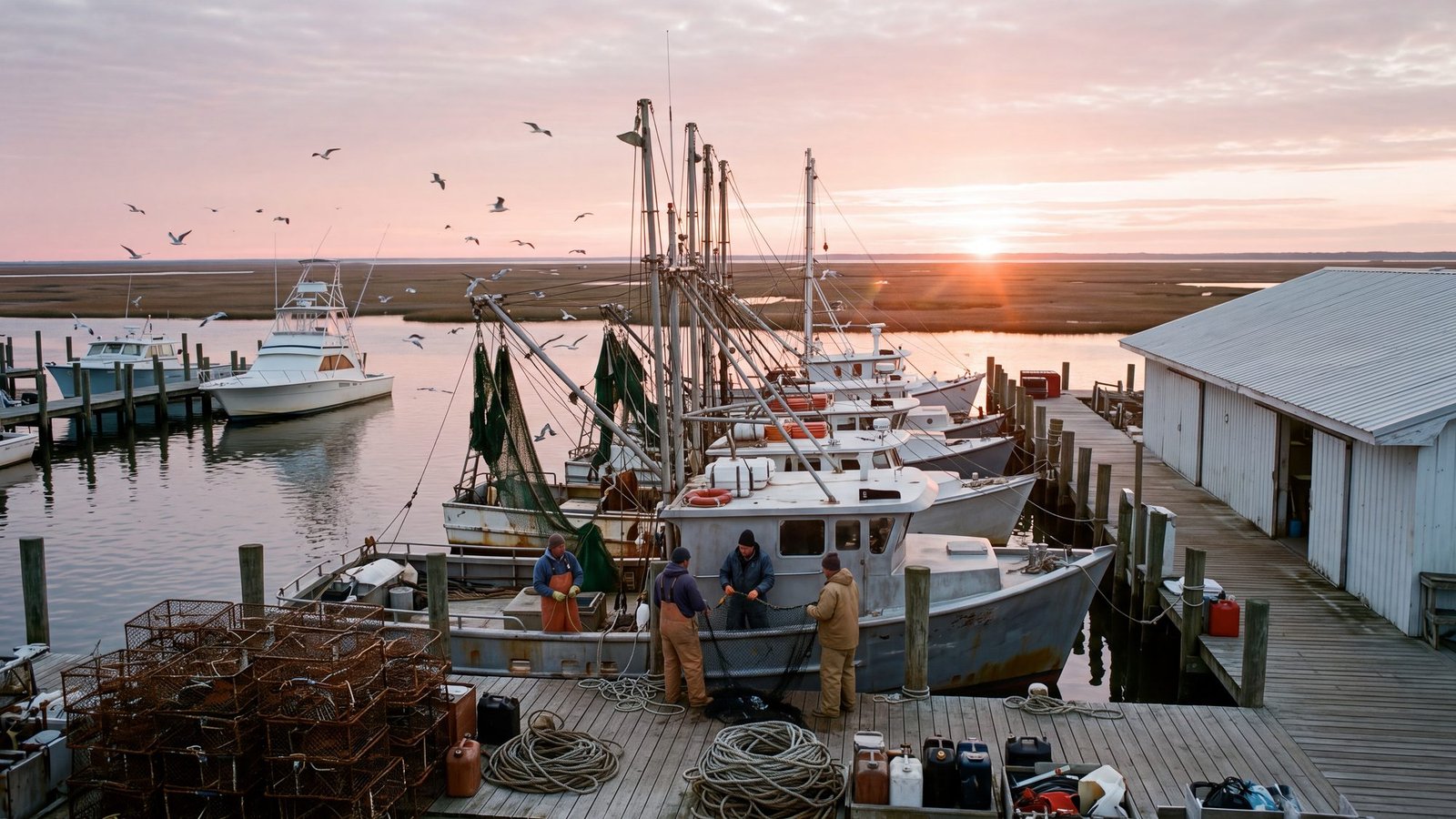 A working commercial fishing harbor at dawn with trawlers at wooden docks, stacked crab pots and a low seafood packing house, Roanoke Island